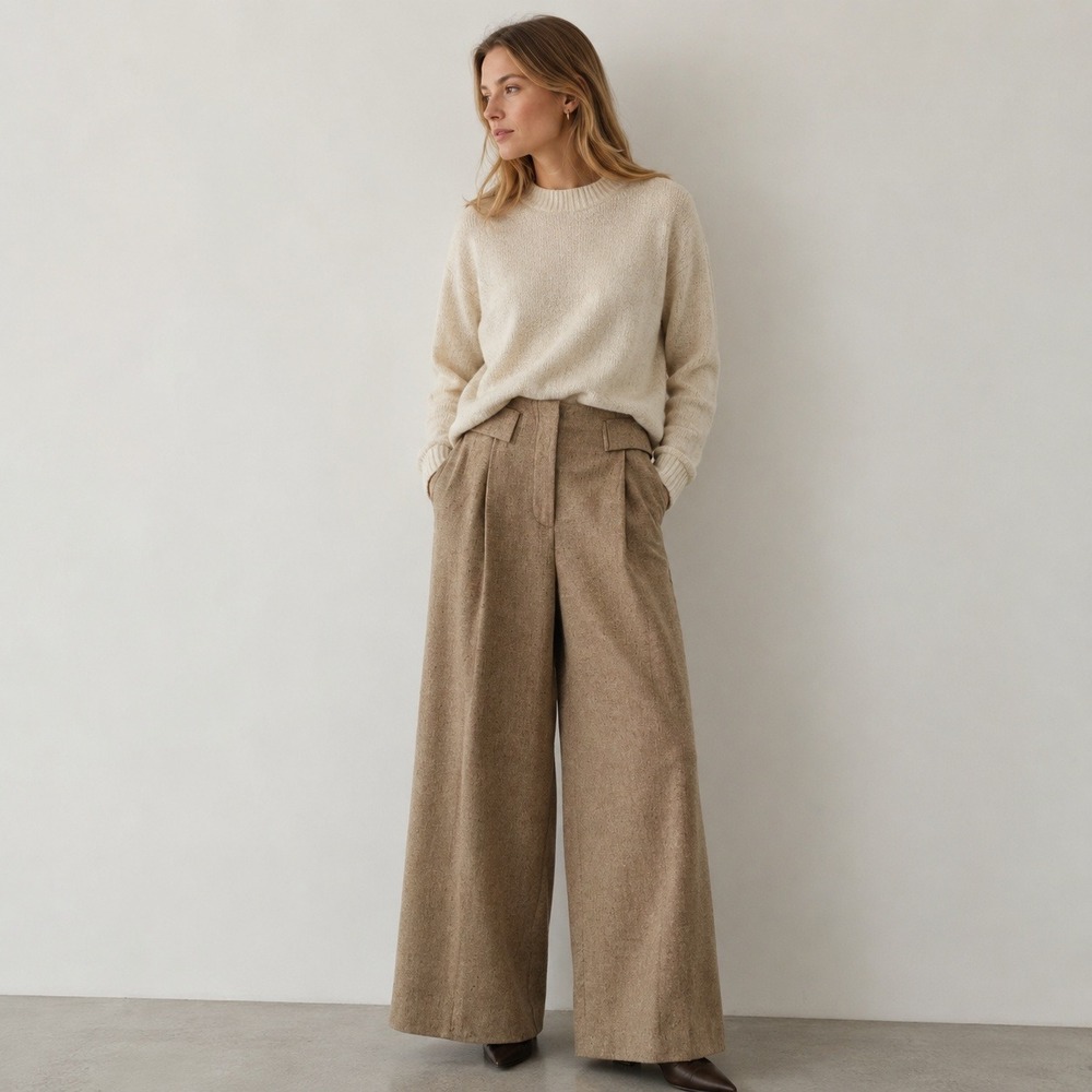 REMAIN Wide Leg Textured Trouser Pants Tigers Eye Tan Wool Silk Eyelet Belt Sz 2